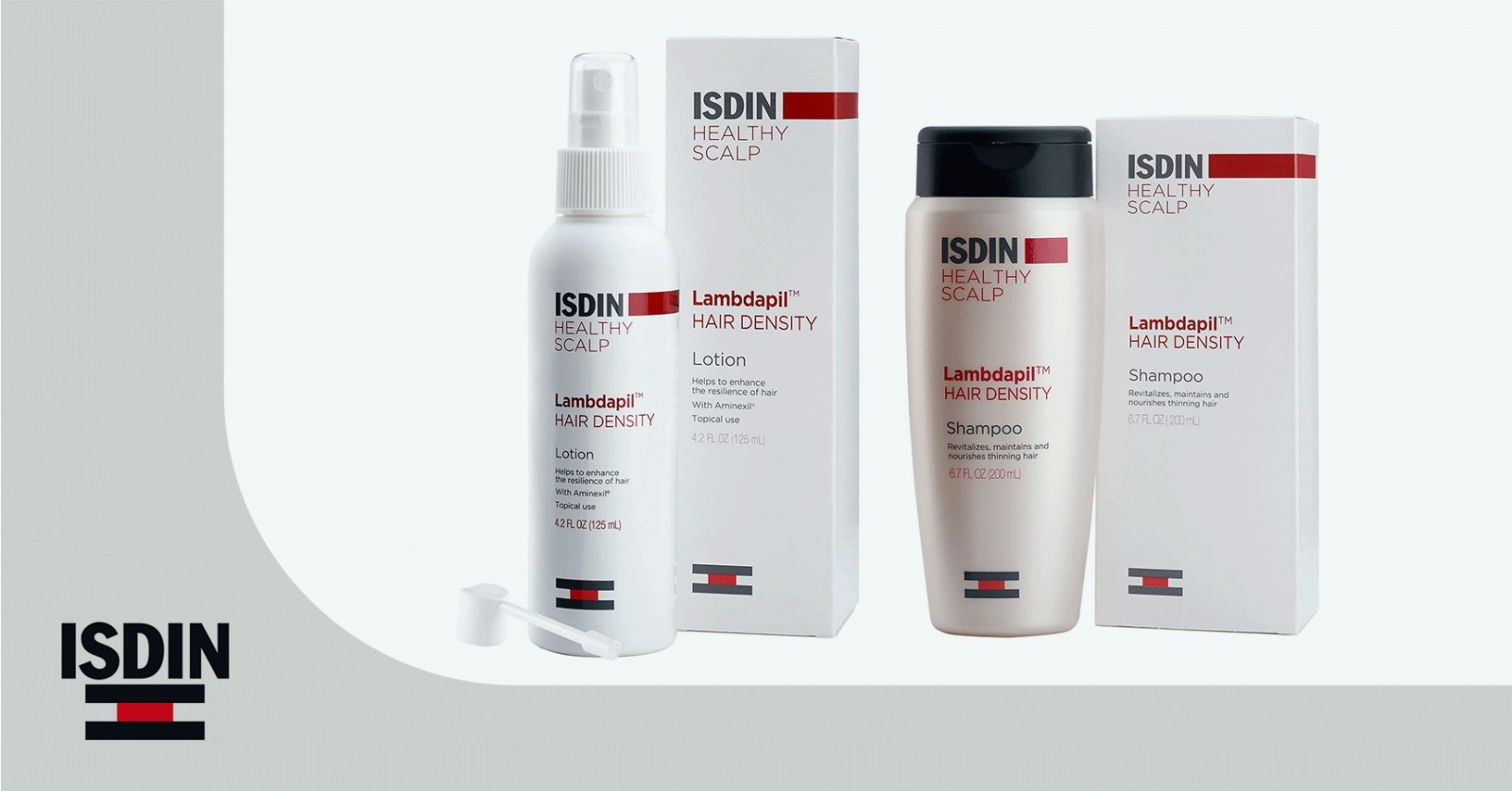 Isdin Lambdapil Hair Density lotion and shampoo treatment designed to nourish and revitalize thinning hair.