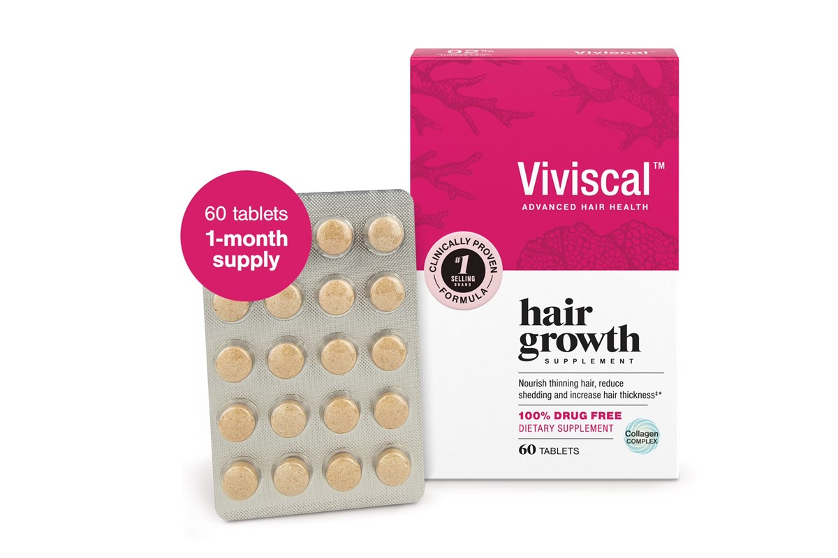Viviscal Advanced Hair Health hair growth supplement box with tablets, featuring new packaging and clinically proven drug-free formula.